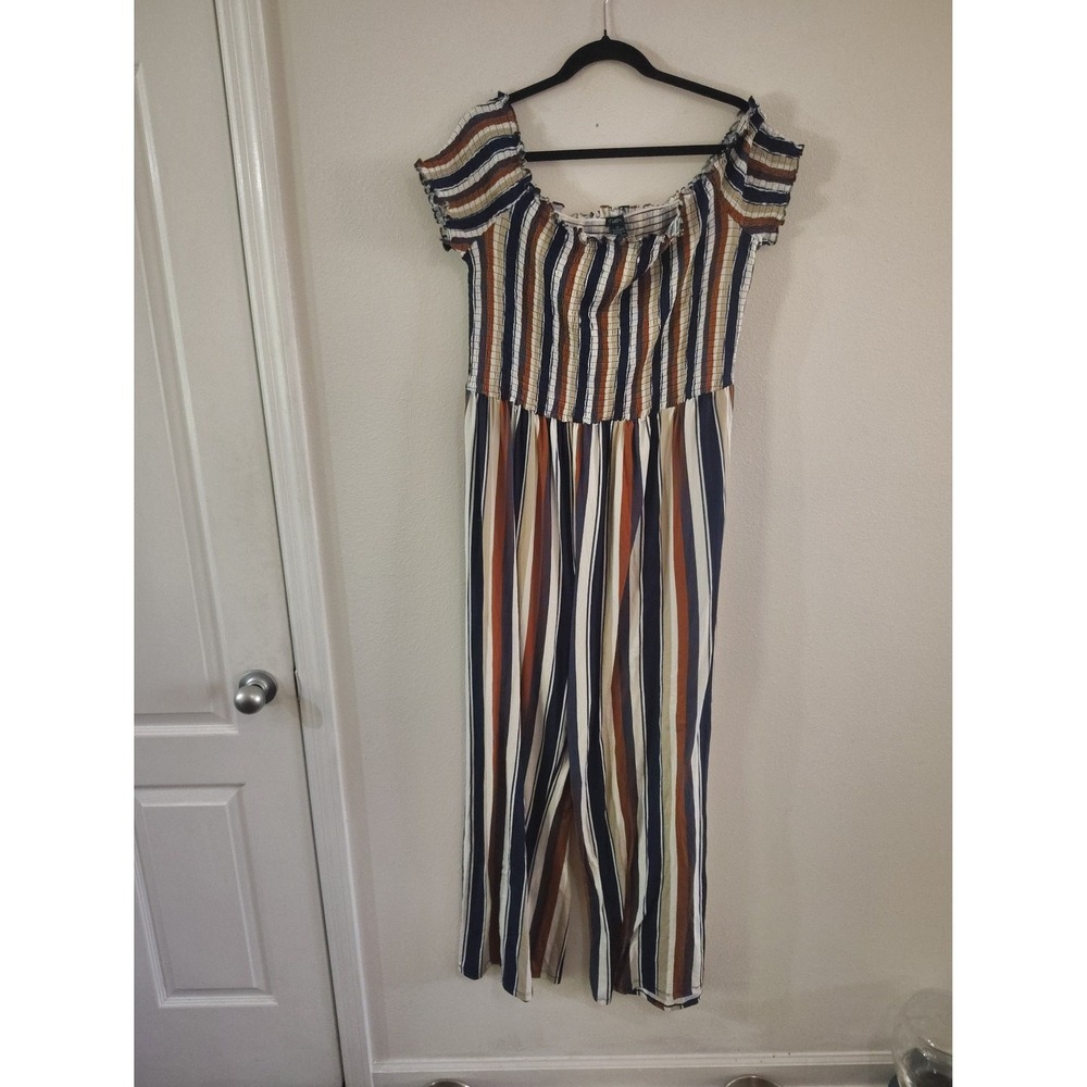 Rue21‎ Rue 2X Striped Jumpsuit Smocked Off Shoulder Wide Leg Multi Color